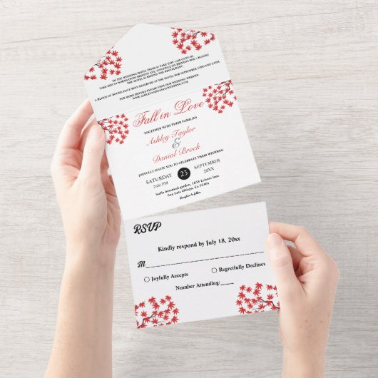 Elegante rustieke Herfst rode bladeren Boho herfst All In One Uitnodiging (Afscheurbaar)