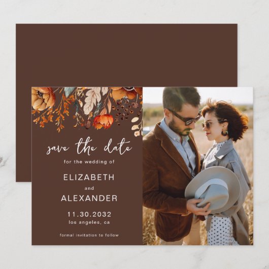 Elegante rustieke herfstbloem bruine trouwfoto save the date (Voorkant / Achterkant)
