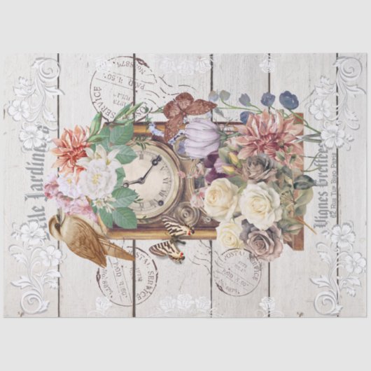 Elegante rustieke houten Antieke klok bloemenFrans Tissuepapier (Voorkant)