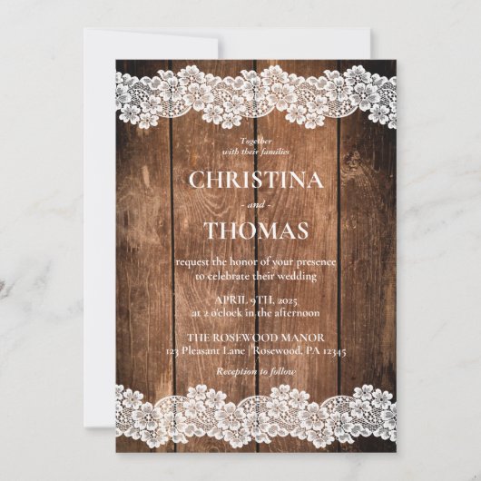 Elegante rustieke houten kant bruiloft kaart (Voorkant)