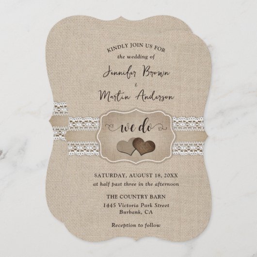 Elegante rustieke jute en kanten bruiloft kaart (Voorkant / Achterkant)