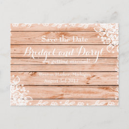 Elegante rustieke kant en hout Save-the-Date bruil Aankondigingskaart