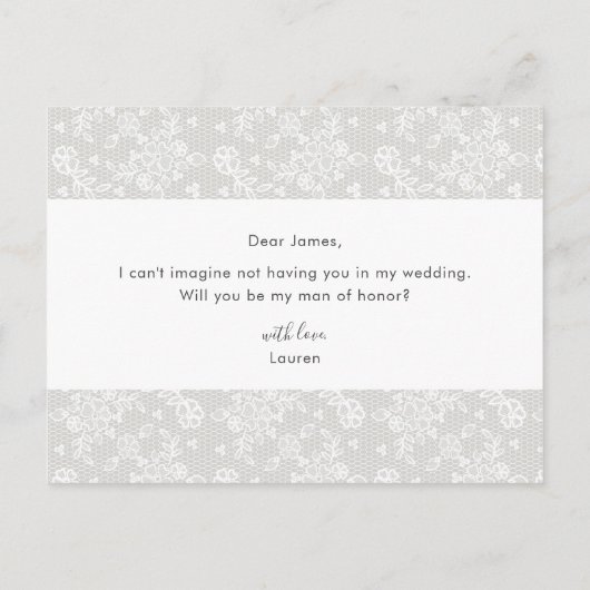 Elegante Rustieke Kant Wil Je Mijn Man Van Eer Zij Uitnodiging Briefkaart (Achterkant)
