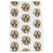 Elegante rustieke kerst groen holly gouden klokken medium cadeauzakje (Voorkant)