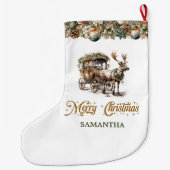 Elegante rustieke kerst rendieren en koets grote kerstsok (Achterkant)