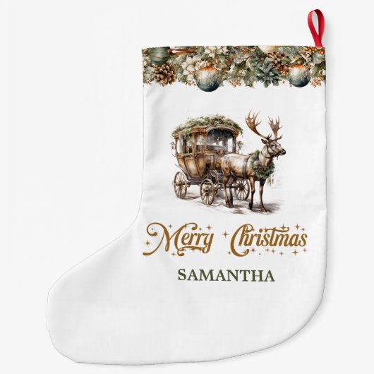 Elegante rustieke kerst rendieren en koets grote kerstsok (Achterkant)