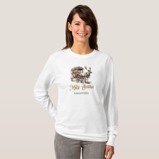 Elegante rustieke kerst rendieren en koets t-shirt (Voorkant volledig)
