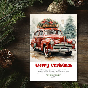 Elegante rustieke Kerst rood auto vintage groet Feestdagenkaart