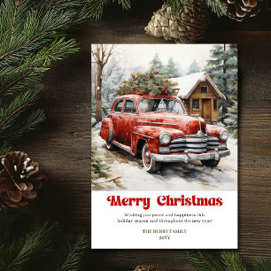 Elegante rustieke kerstscène rode auto groet feestdagenkaart