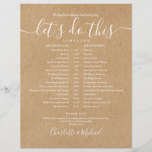 Elegante Rustieke Kraft Trouwdag Schema Tijdschema (Voorkant)