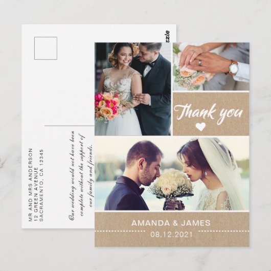 Elegante rustieke kraft | Trouwfoto Dank u wel Briefkaart (Voorkant / Achterkant)