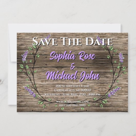 Elegante rustieke lavendel bruiloft save the date kaart (Voorkant)