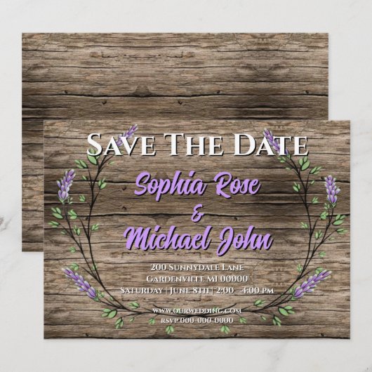 Elegante rustieke lavendel bruiloft save the date kaart (Voorkant / Achterkant)