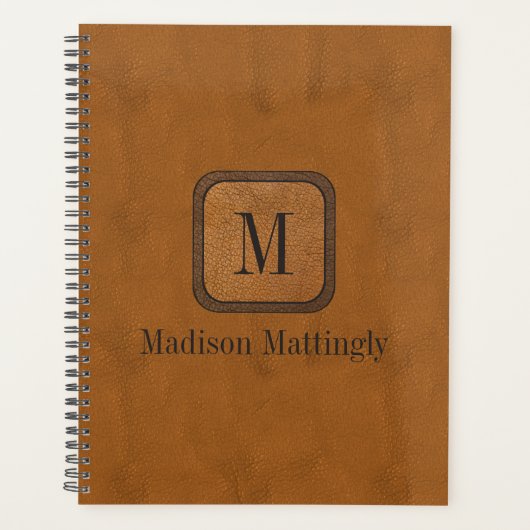 Elegante rustieke lederen chique monogram naam planner (Voorkant)