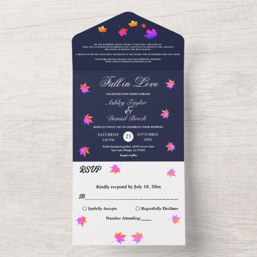 Elegante rustieke marine blauwe gloed neon herfst all in one uitnodiging (Binnen)