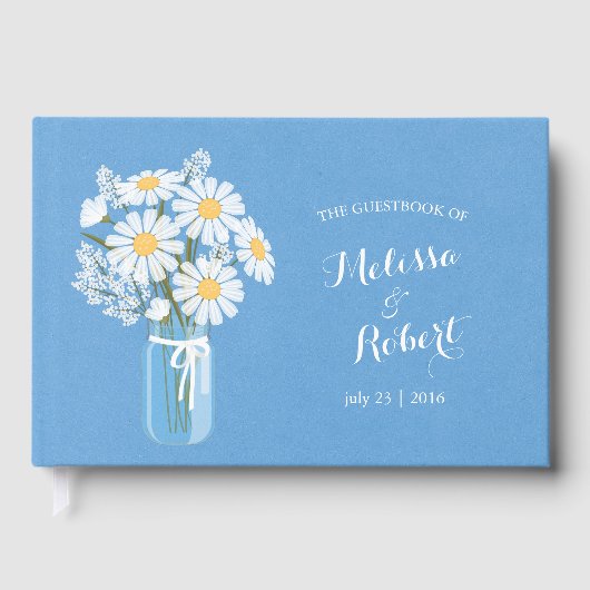 Elegante rustieke Mason Jar Daisies Bruiloft Blauw Gastenboek (Voorkant)