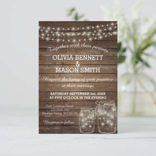 Elegante rustieke Mason Jar Lights bruiloft Kaart (Staand voorkant)