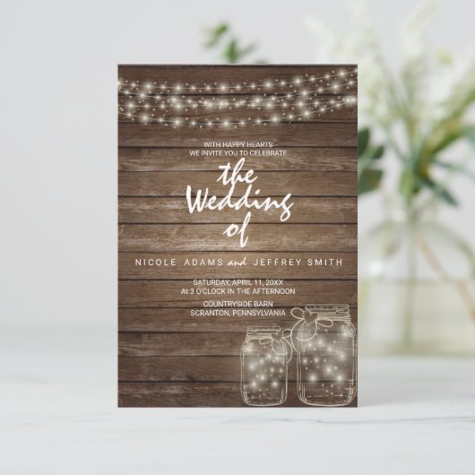 Elegante rustieke Mason Jar Lights bruiloft Kaart (Staand voorkant)