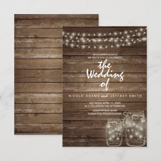 Elegante rustieke Mason Jar Lights bruiloft Kaart (Voorkant / Achterkant)