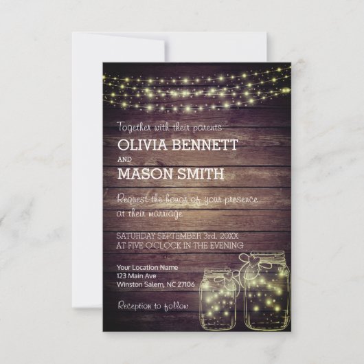 Elegante rustieke Mason Jar Lights bruiloft uitnod Kaart (Voorkant)