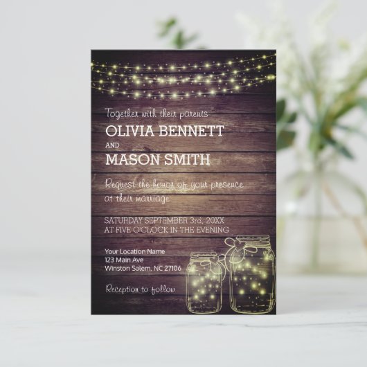 Elegante rustieke Mason Jar Lights bruiloft uitnod Kaart (Staand voorkant)