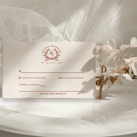 Elegante rustieke Monogram Crest Wedding RSVP Kaartje