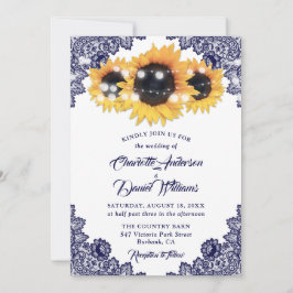 Elegante Rustieke Navy Blauwe Kant Sunflower Trouw Kaart