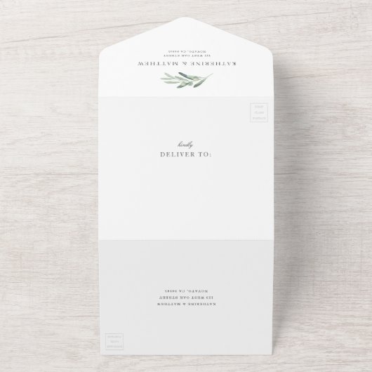 Elegante rustieke olijftak Waterverf bruiloft All In One Uitnodiging (Buitenkant)