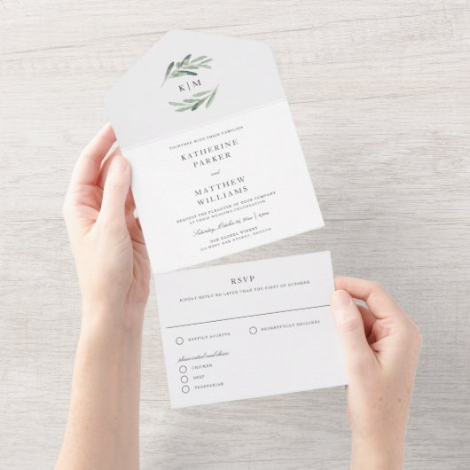 Elegante rustieke olijftak Waterverf bruiloft All In One Uitnodiging (Afscheurbaar)