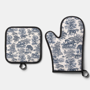 Elegante rustieke paarden blauw toilet ovenwant & pannenlap set