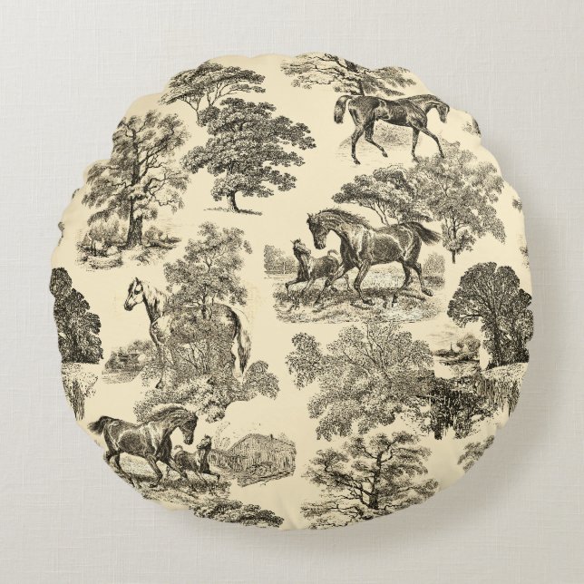 Elegante rustieke paarden Bomen Beige Tan Toile Rond Kussen (Voorkant)