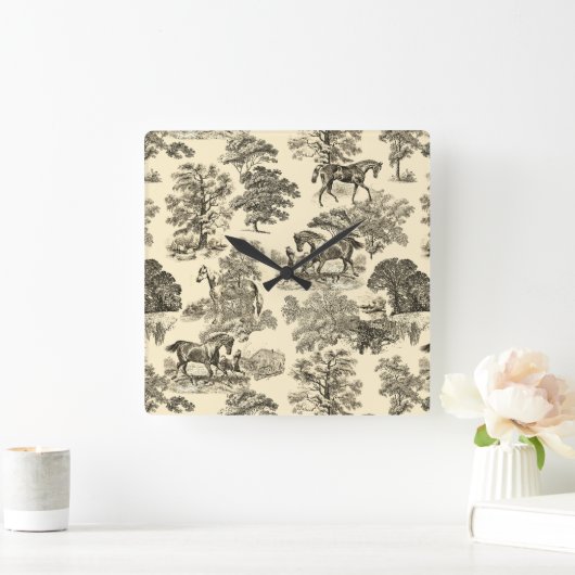 Elegante rustieke paarden Bomen Beige Tan Toile Vierkante Klok (Huis)