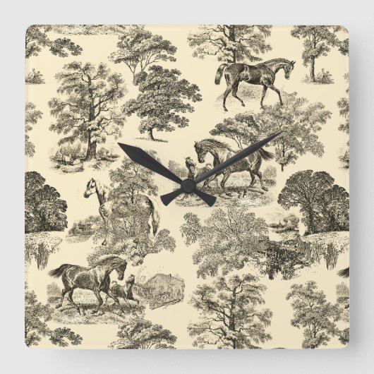 Elegante rustieke paarden Bomen Beige Tan Toile Vierkante Klok (Voorkant)