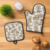 Elegante rustieke paarden Gold Brown Beige Toile Ovenwant & Pannenlap Set (Top down)