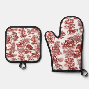 Elegante rustieke paarden rood wit toilet ovenwant & pannenlap set