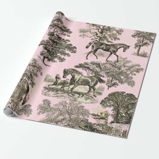 Elegante rustieke paarden Roze Beige Toile Naadloo Cadeaupapier (Uitgerold)