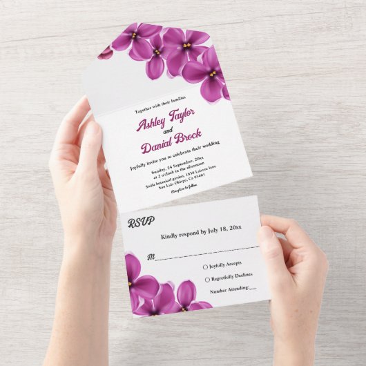 Elegante rustieke Paarse Bloem Zomer Bloemen Huwel All In One Uitnodiging (Afscheurbaar)