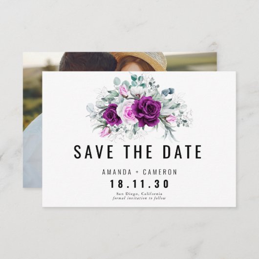Elegante rustieke Paarse blos Floral Save the Date Kaart (Voorkant / Achterkant)
