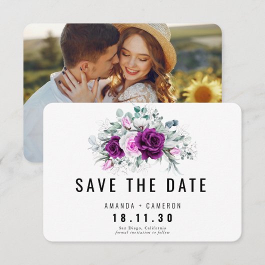 Elegante rustieke Paarse blos Floral Save the Date Kaart (Voorkant / Achterkant)