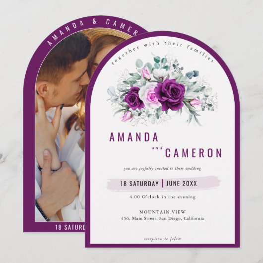 Elegante rustieke Paarse Blush Bloemen Fotobruilof Kaart (Voorkant / Achterkant)