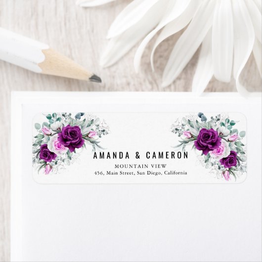 Elegante rustieke Paarse Blush Bloemen Trouwadres Etiket (Insitu)