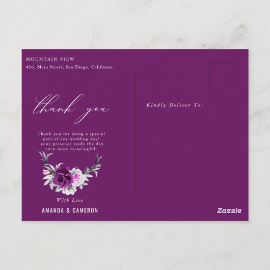 Elegante rustieke Paarse Blush bruiloft Bedankt Briefkaart (Achterkant)