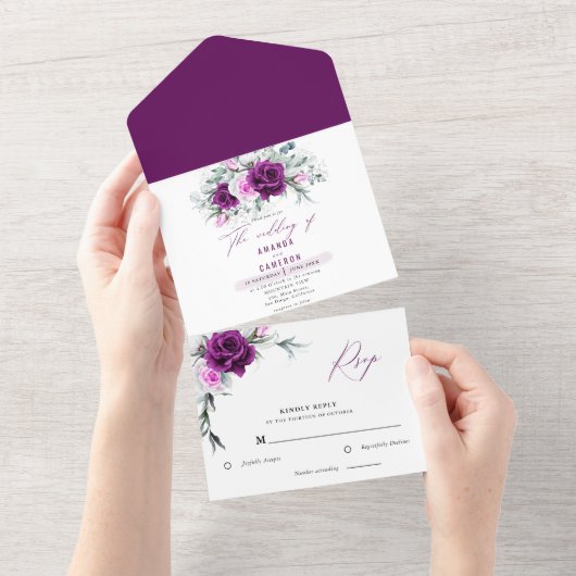 Elegante rustieke Paarse Blush geometrische bruilo All In One Uitnodiging (Afscheurbaar)