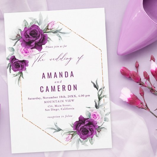 Elegante rustieke Paarse Blush geometrische bruilo Kaart