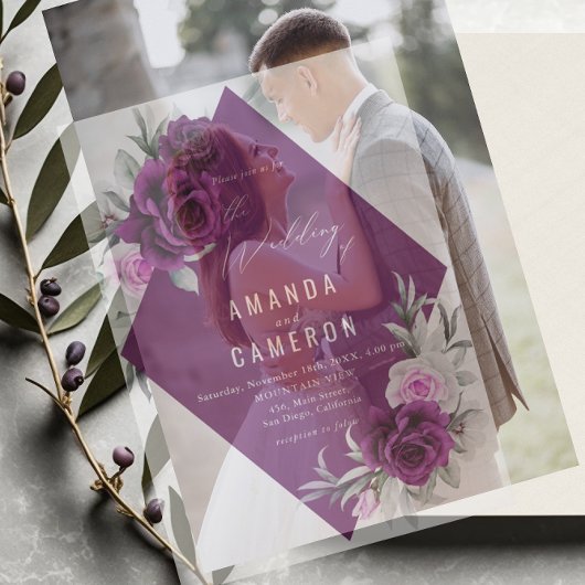 Elegante rustieke Paarse Blush geometrische bruilo Vellum Uitnodigingen