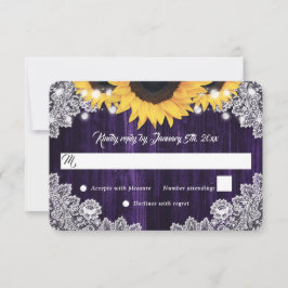 Elegante Rustieke Paarse Houten Kantwerk Zonnebloe RSVP Kaartje