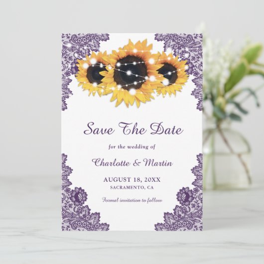 Elegante rustieke Paarse zonnebloem bruiloft Save The Date (Staand voorkant)