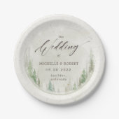 Elegante rustieke pijnbomen foto bruiloft papieren bordje (Voorkant)