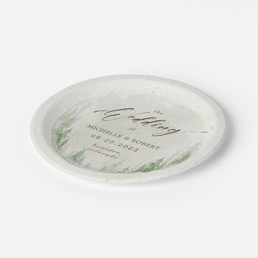 Elegante rustieke pijnbomen foto bruiloft papieren bordje (Gekanteld)