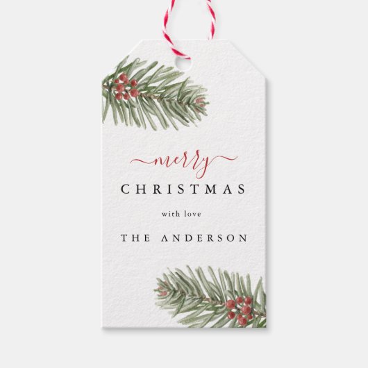 Elegante Rustieke Pijnboom Kerst Cadeaulabel (Voorkant)